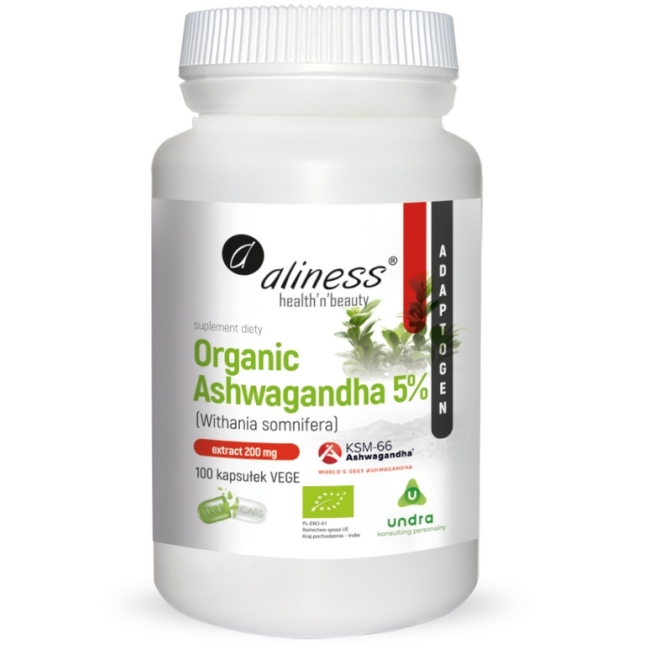 Aliness Ashwagandha Organic 5% 200mg 100kapsułek