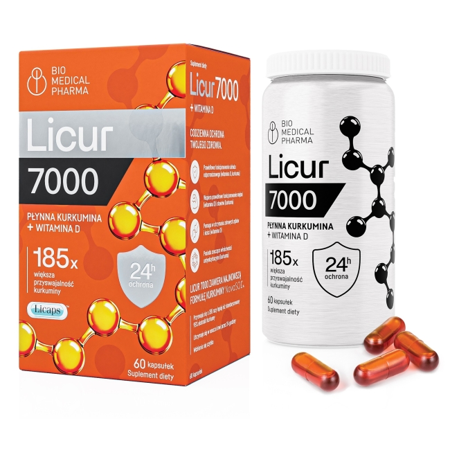 Licur 7000 z witaminą D,  Kurkumina micelarna + wit. D3 60 kapsułek Bio Medical Pharma
