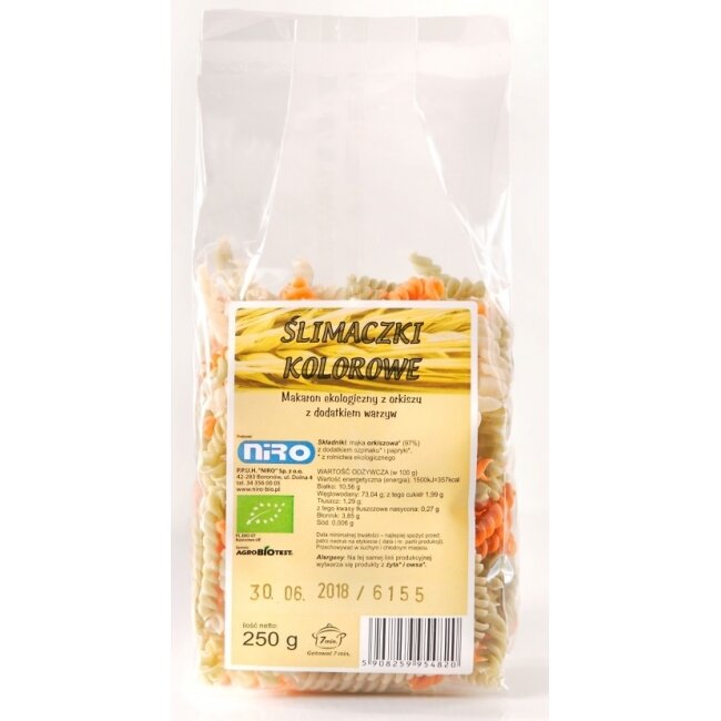 Makaron orkiszowy trójkolorowy ślimaczki 250 g BIO Niro 